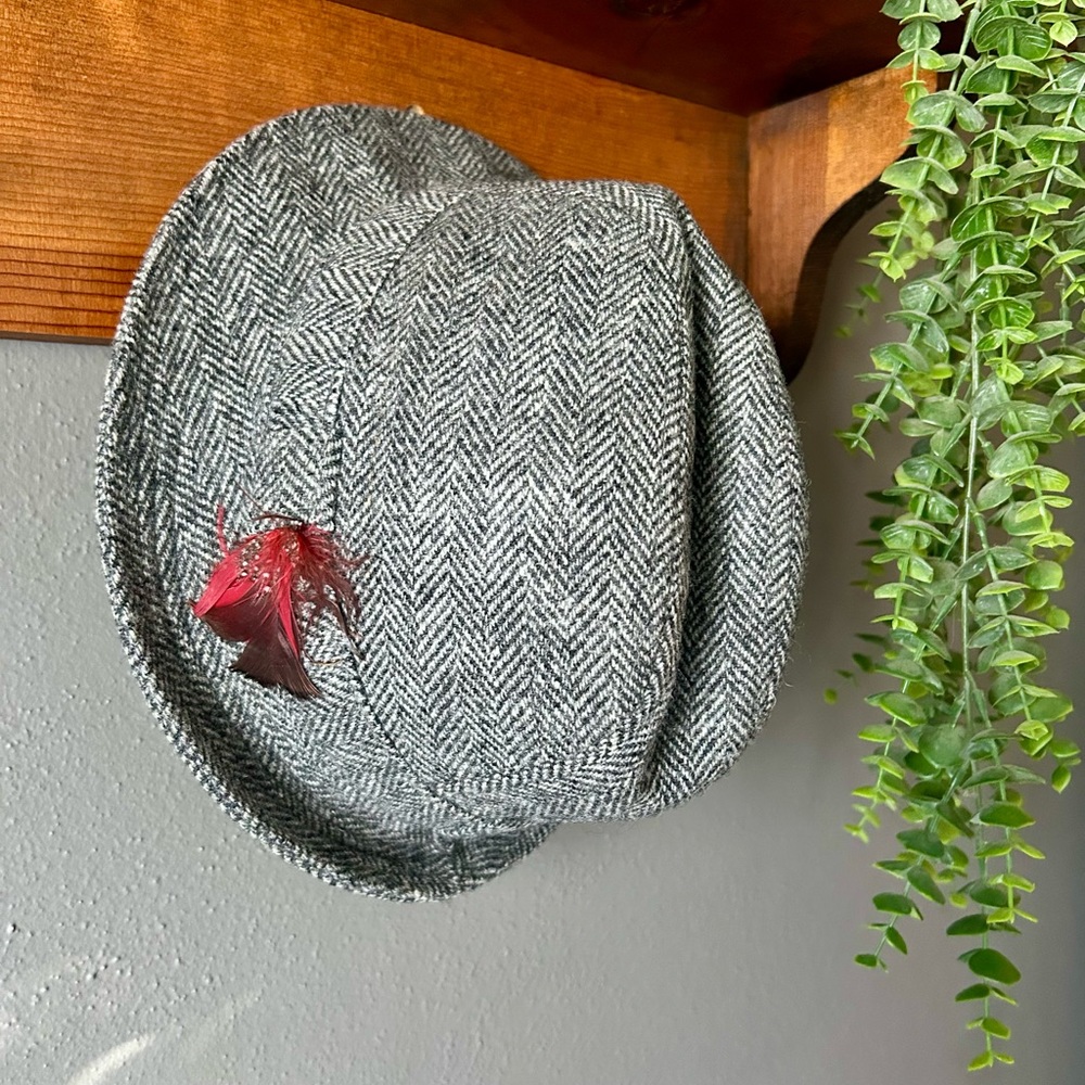 VTG Shandon Donegal Wool Tweed Herringbone Fedora Hat Sz 7.25 Ireland W/Feather